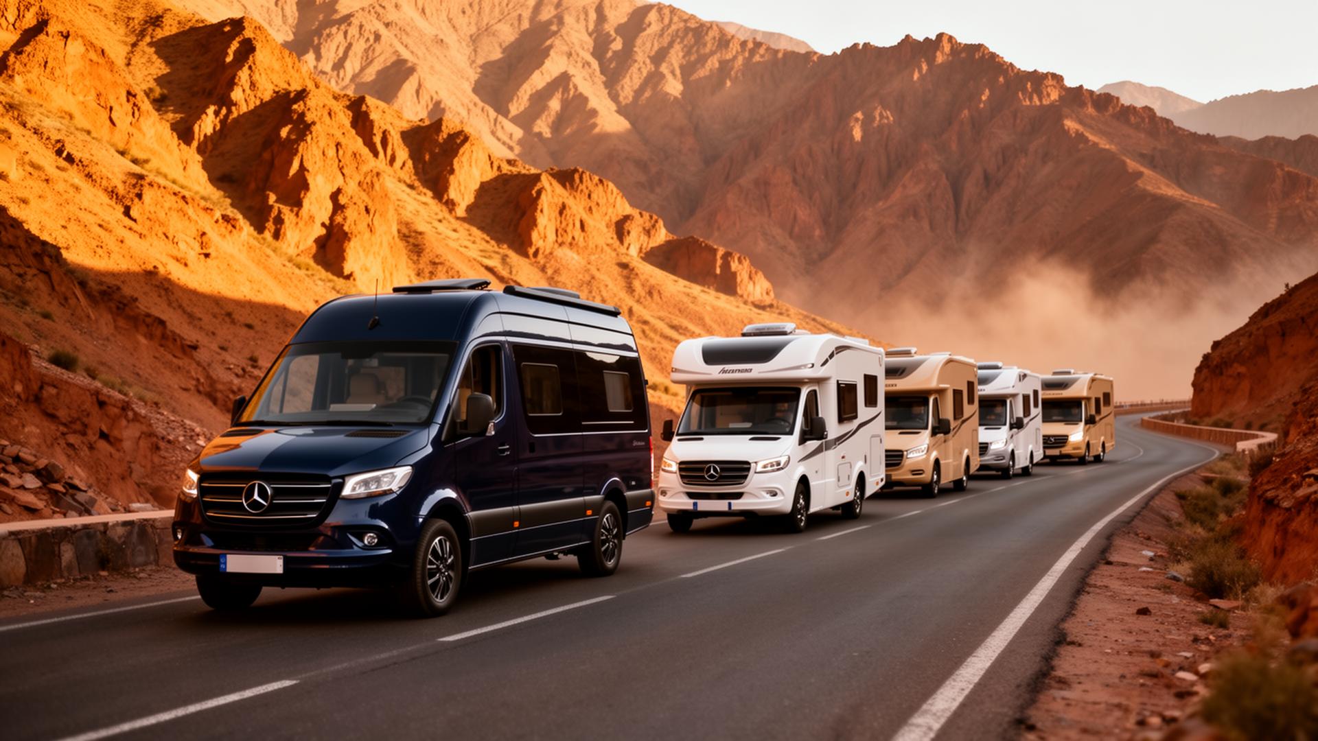 Wohnmobil-Karawane am Tizi n'Tichka Pass im Atlasgebirge